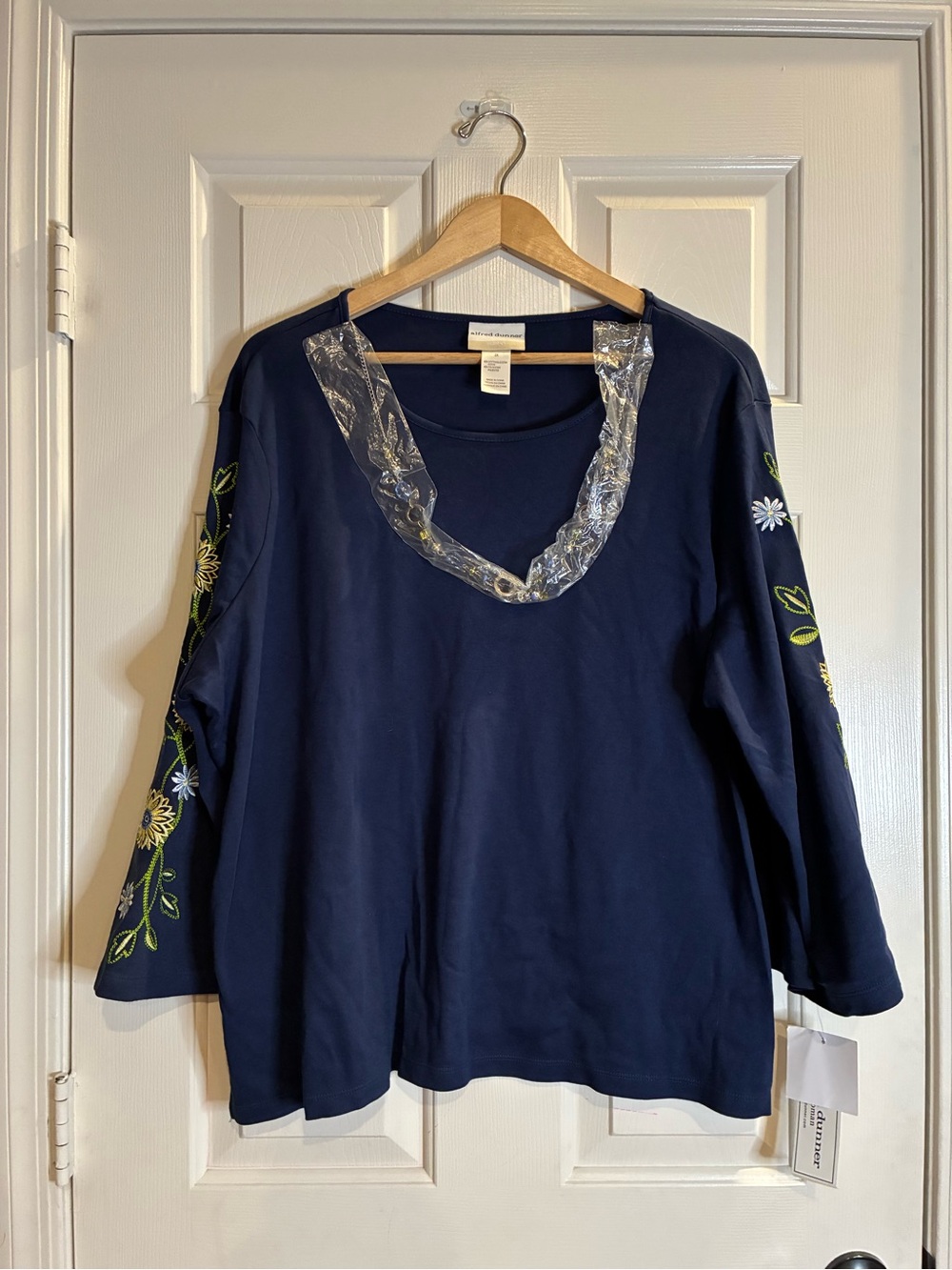 Alfred Dunner Navy Floral Embroidered Sleeve Top